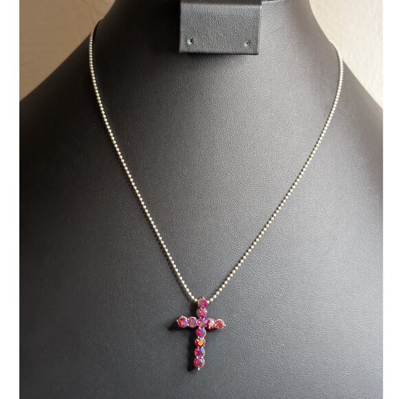 Pink AB Aurora Borealis Crystal Cross Necklace W/ Beaded Silver Tone Chain - Picture 1 of 7